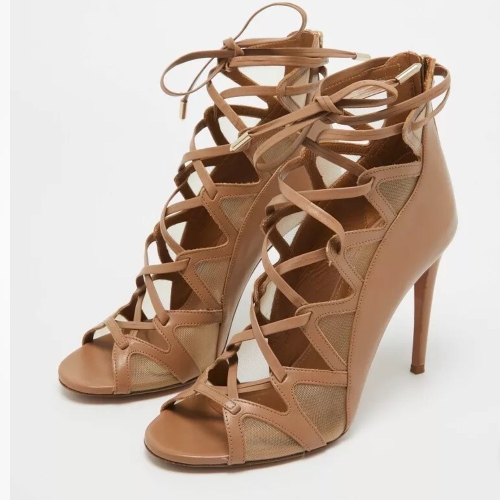 AQUAZZURA Strappy Tan Lace Up Heels Size 38 - Picture 1 of 12